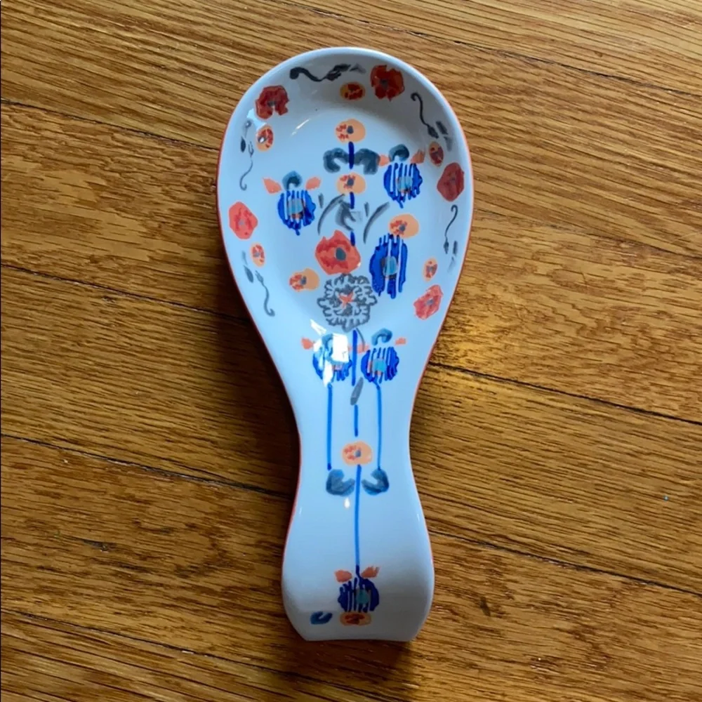 Anthropologie White Ceramic Floral Spoon Rest with Blue and Orange Accents